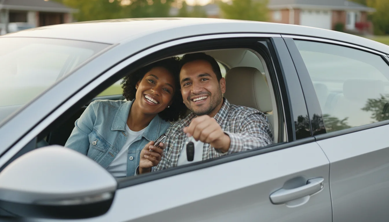 Happy driver celebrating credit score improvement after successful car loan payments
